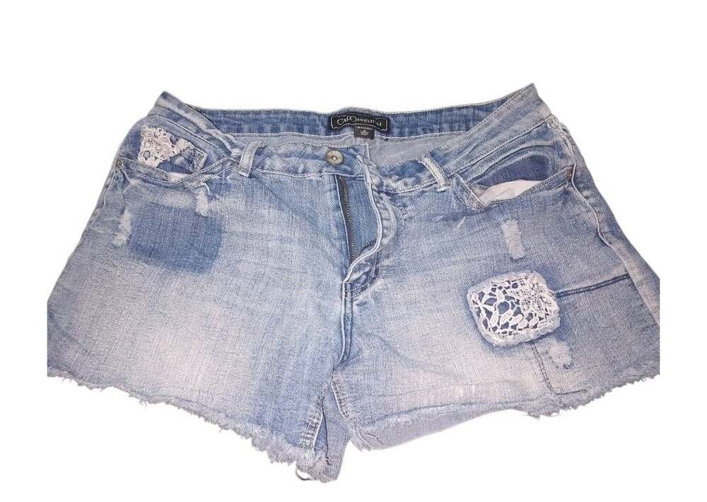 Caf Premium Denim Shorts Size 14 Blue Lace Patchwork Cutoffs